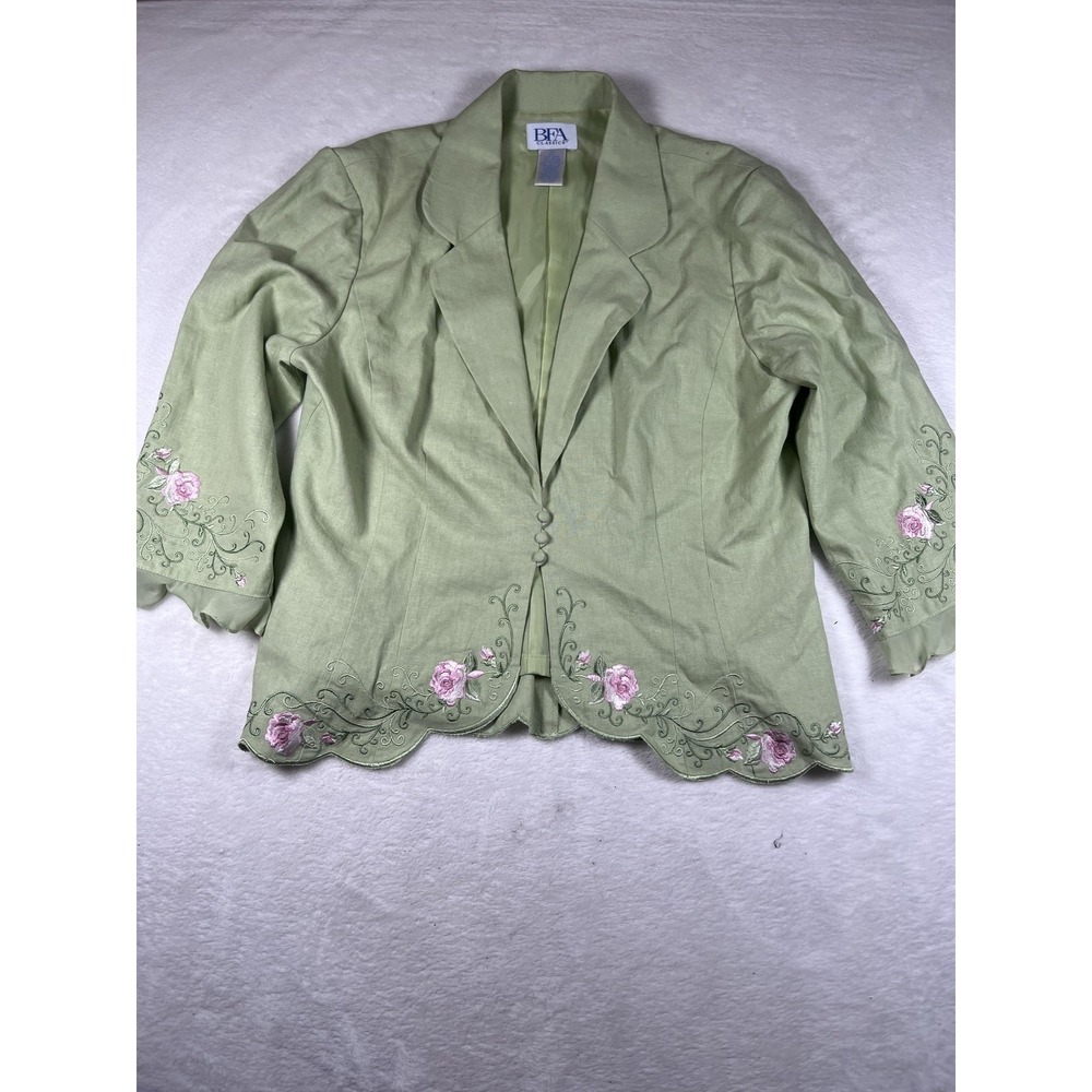BFA Classics Blazer Jacket Womens 12 Green Floral Embroidered Linen Scallop Hem